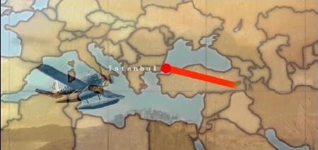 Das Bild den typischen Flug, wie er auch in den Indiana Jones Filmen bei Reisen angezeigt wird mit einem roten Strahl.
