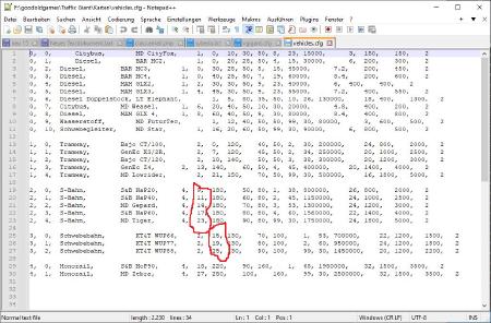 Die Datei vehicles.cfg in Notepad++.